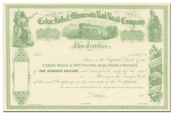 Cedar Falls and Minnesota Rail Road Company Stock Certificate