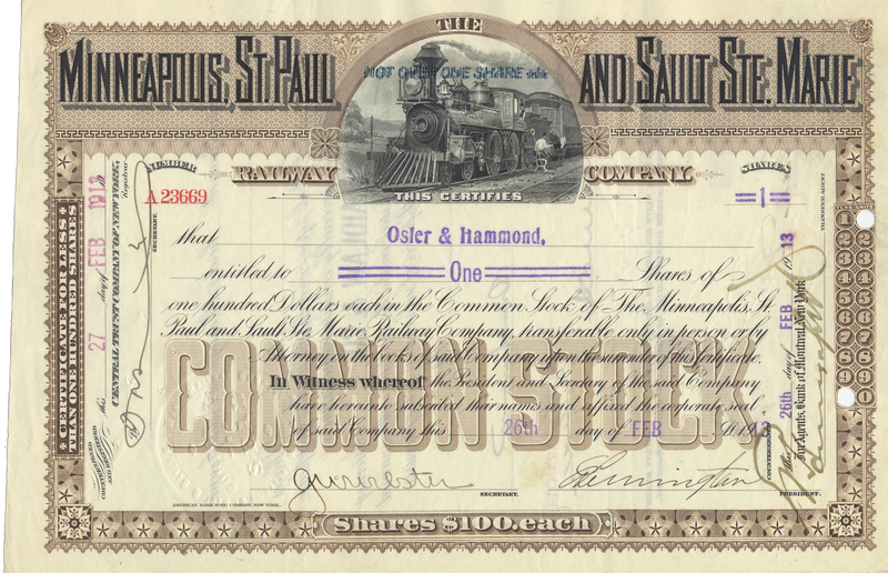 Minneapolis, St. Paul and Sault St. Marie Railway Company Stock Certificate