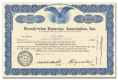 Brandywine Raceway Association, Inc. Stock Certificate