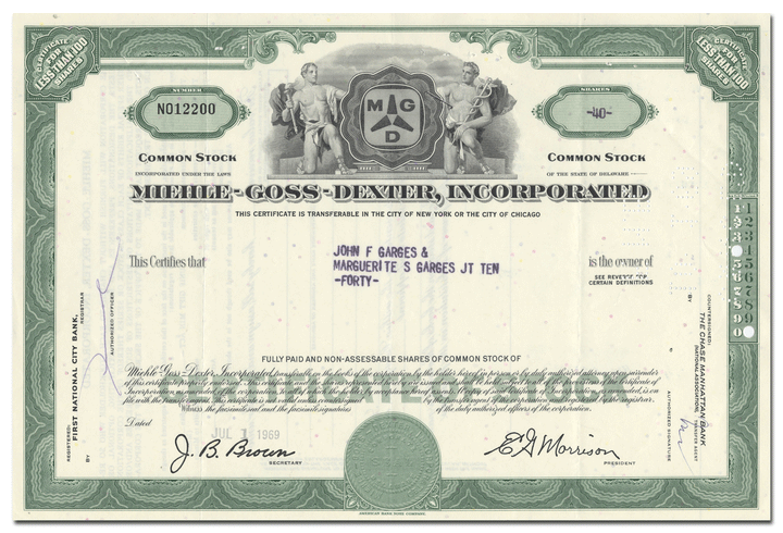 Miehle - Goss - Dexter, Incorporated Stock Certificate