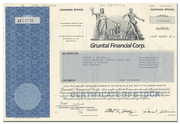 Gruntal Financial Corp. Stock Certificate