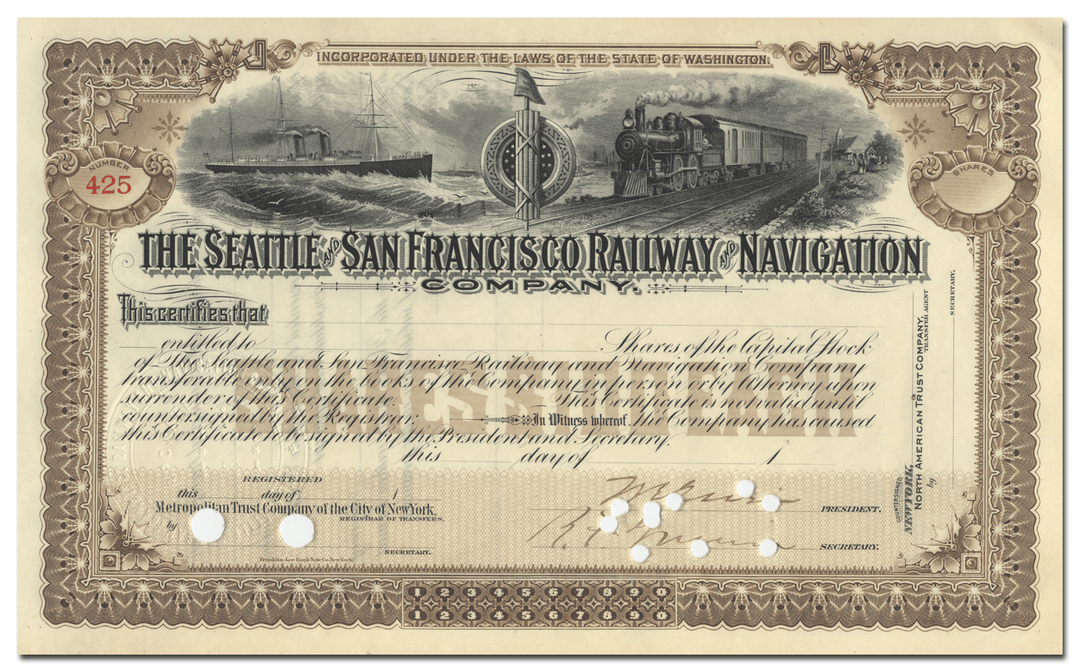 Seattle and San Francisco Railway and Navigation Company Stock Certificate