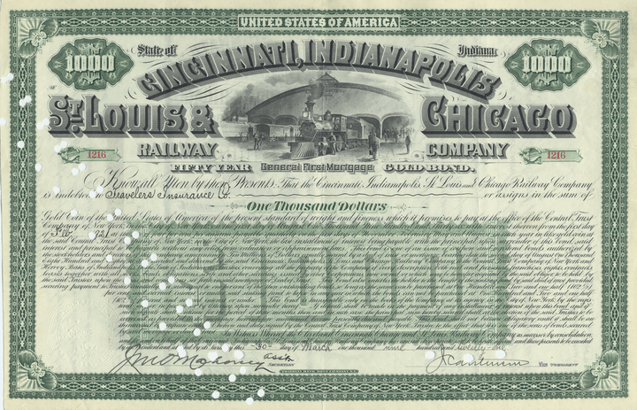 Cincinnati, Indianapolis, St. Louis and Chicago Railway Company Bond Certificate