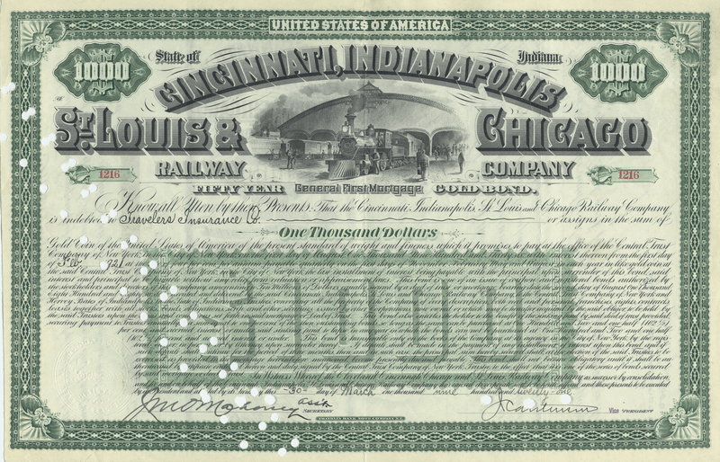 Cincinnati, Indianapolis, St. Louis and Chicago Railway Company Bond Certificate
