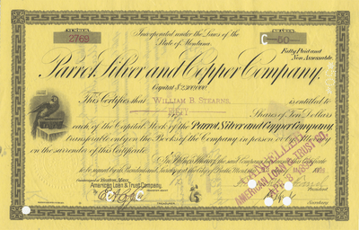 Parrot Silver and Copper Company Stock Certificate