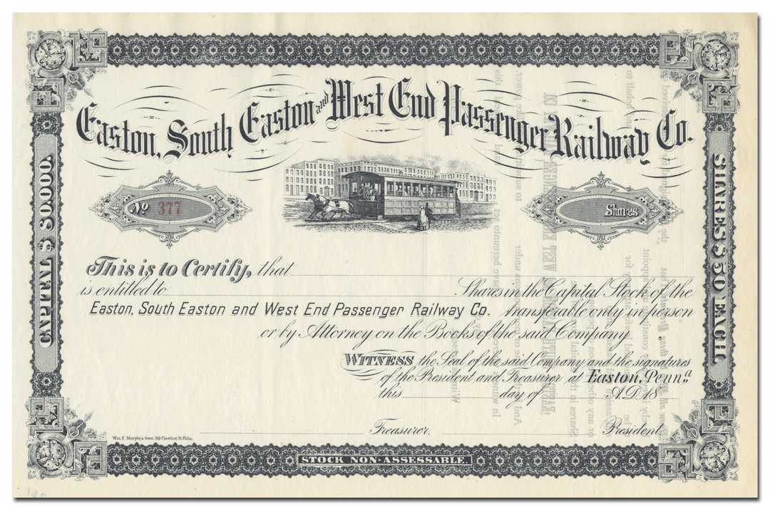 Easton, South Easton and West End Passenger Railway Co. Stock Certificate