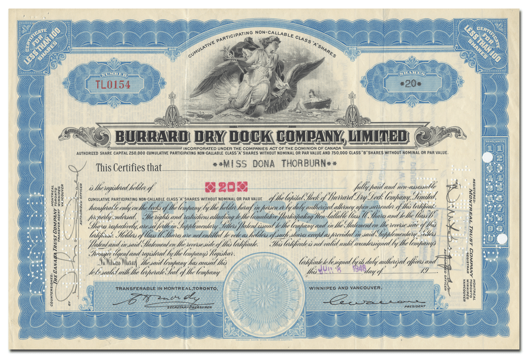 Burrard Dry Dock Company, Limited Stock Certificate