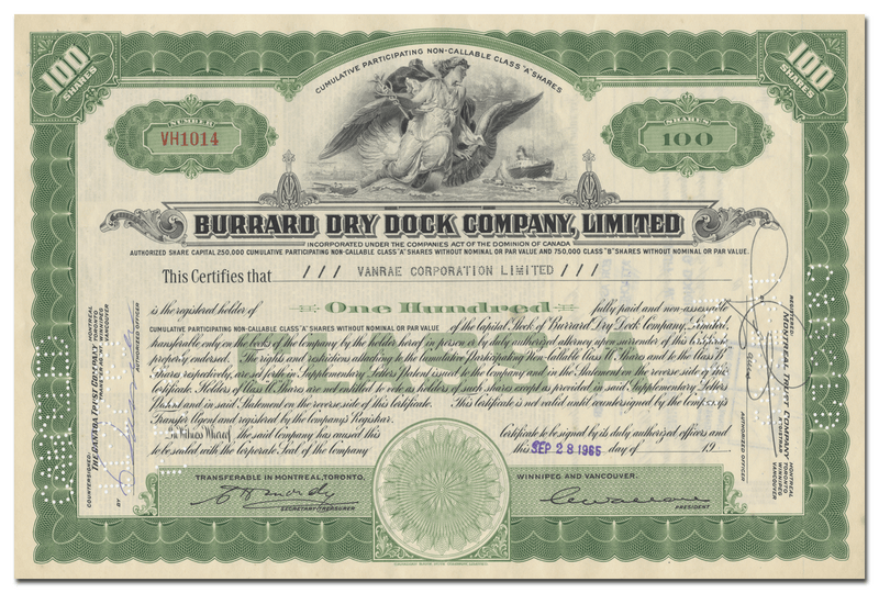 Burrard Dry Dock Company, Limited Stock Certificate