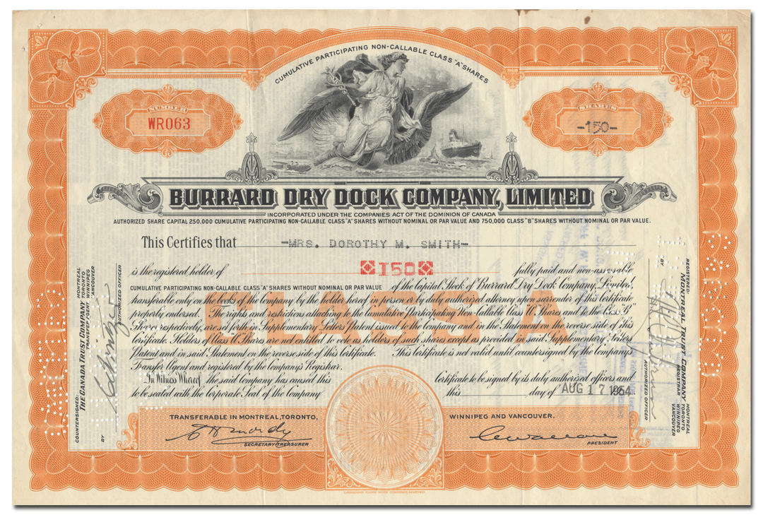 Burrard Dry Dock Company, Limited Stock Certificate