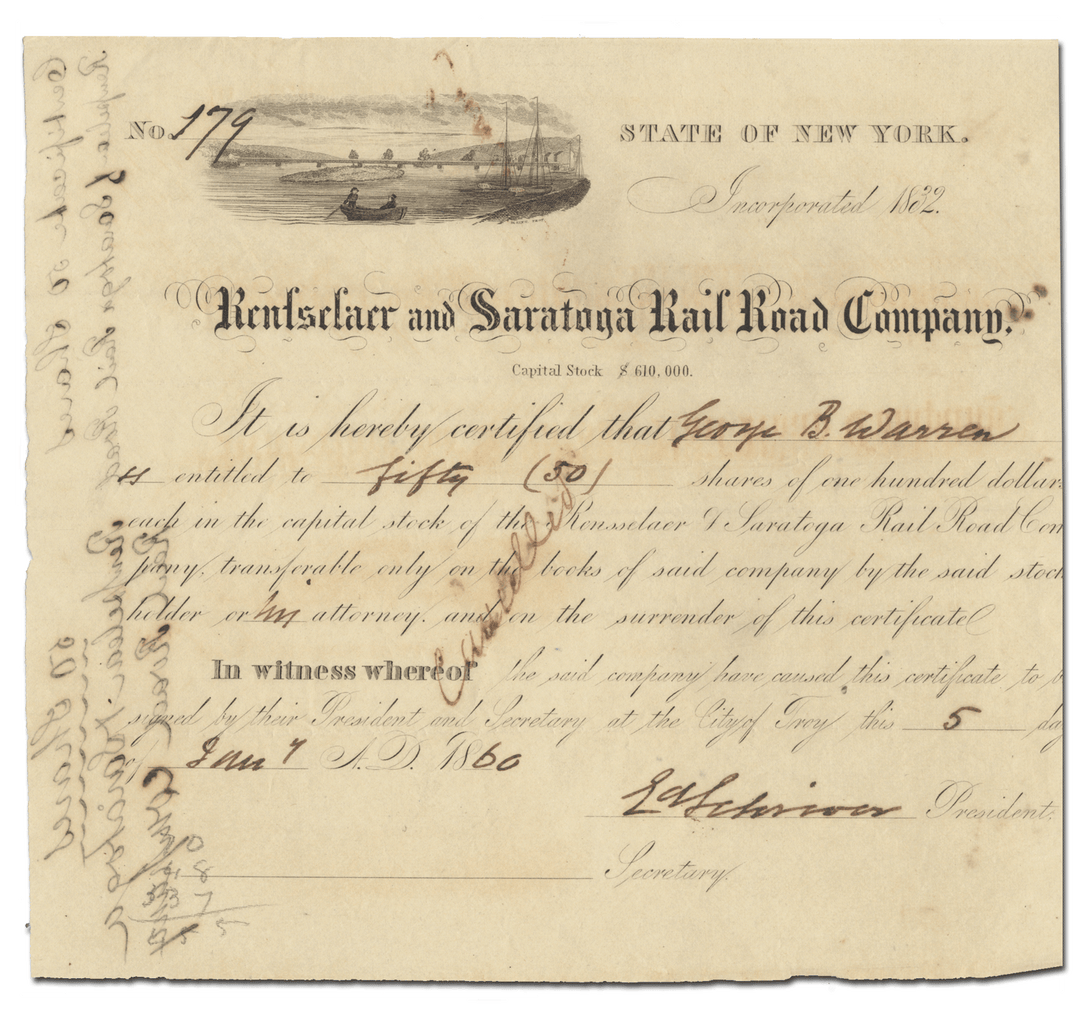 Rensselaer and Saratoga Rail Road Company Stock Certificate