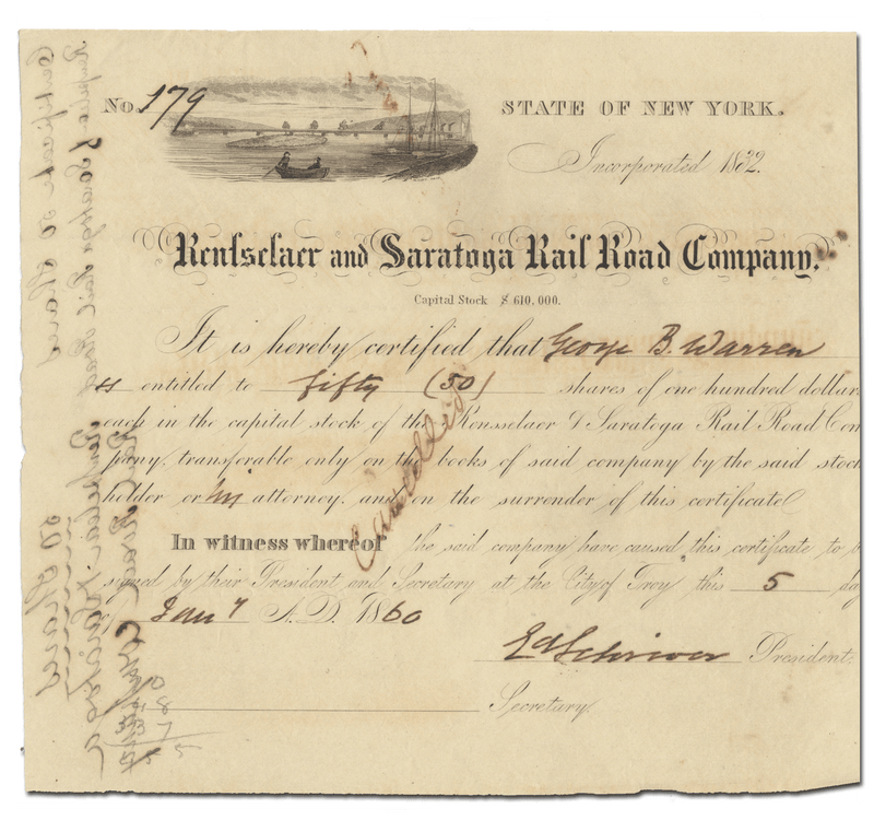 Rensselaer and Saratoga Rail Road Company Stock Certificate