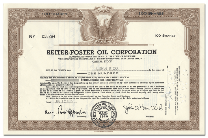 Reiter-Foster Oil Corporation Stock Certificate