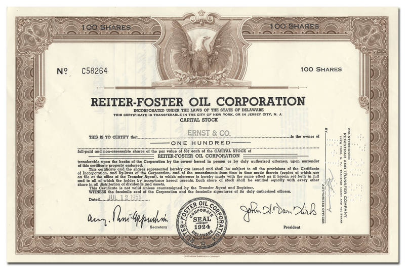 Reiter-Foster Oil Corporation Stock Certificate