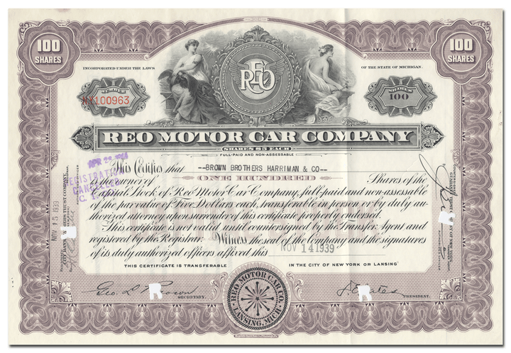 Reo Motor Car Company Stock Certificate