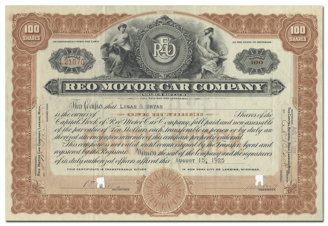 Reo Motor Car Company Stock Certificate