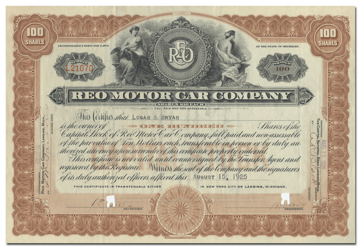 Reo Motor Car Company Stock Certificate