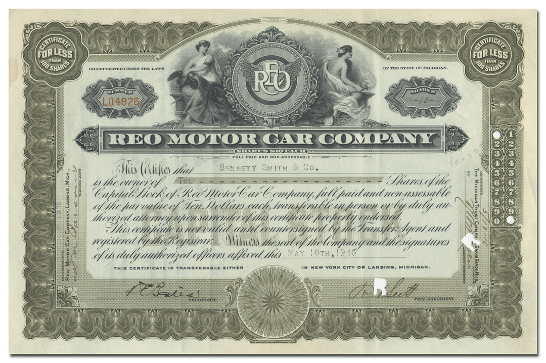 Reo Motor Car Company Stock Certificate