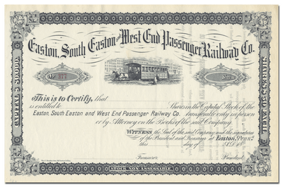 Easton, South Easton and West End Passenger Railway Co. Stock Certificate