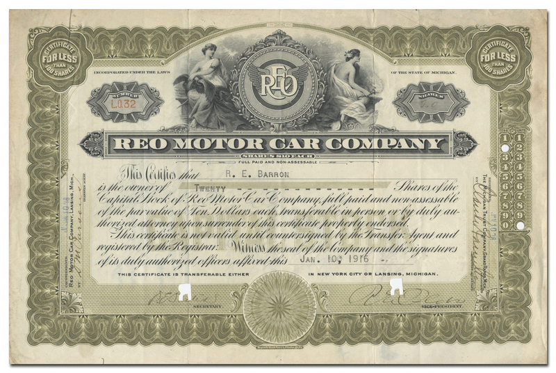 Reo Motor Car Company Stock Certificate