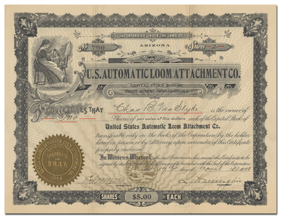 U. S. Automatic Loom Attachment Co. Stock Certificate