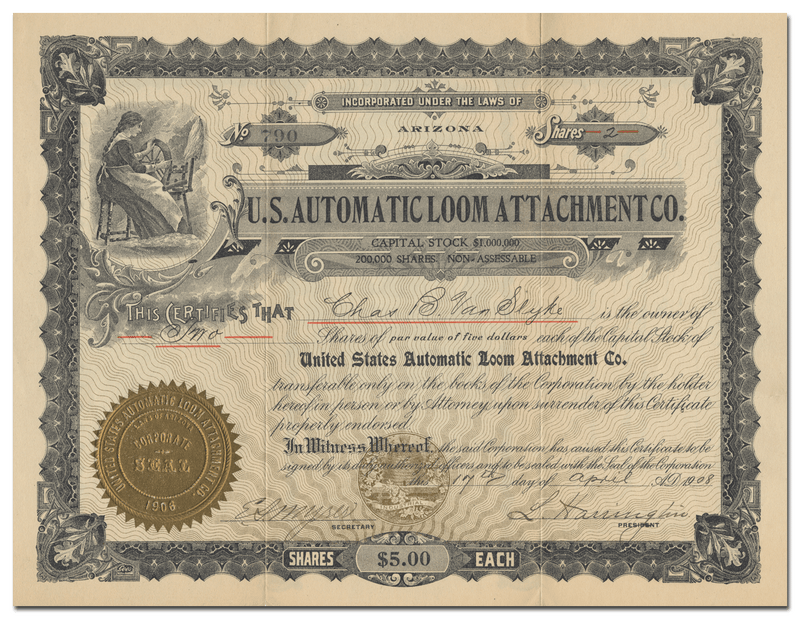U. S. Automatic Loom Attachment Co. Stock Certificate