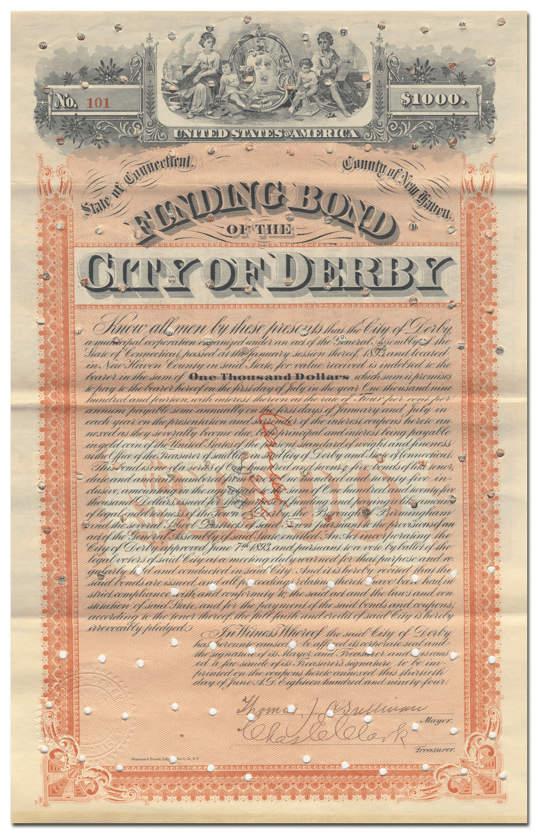 Derby, Connecticut Bond Certificate