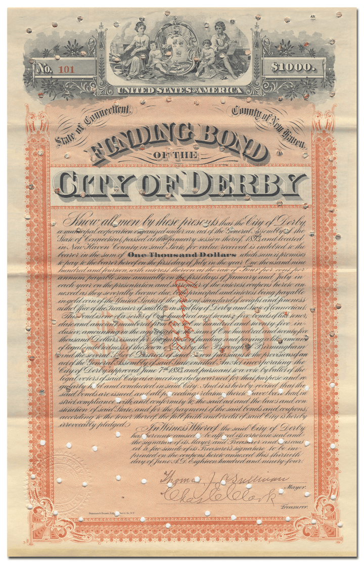 Derby, Connecticut Bond Certificate