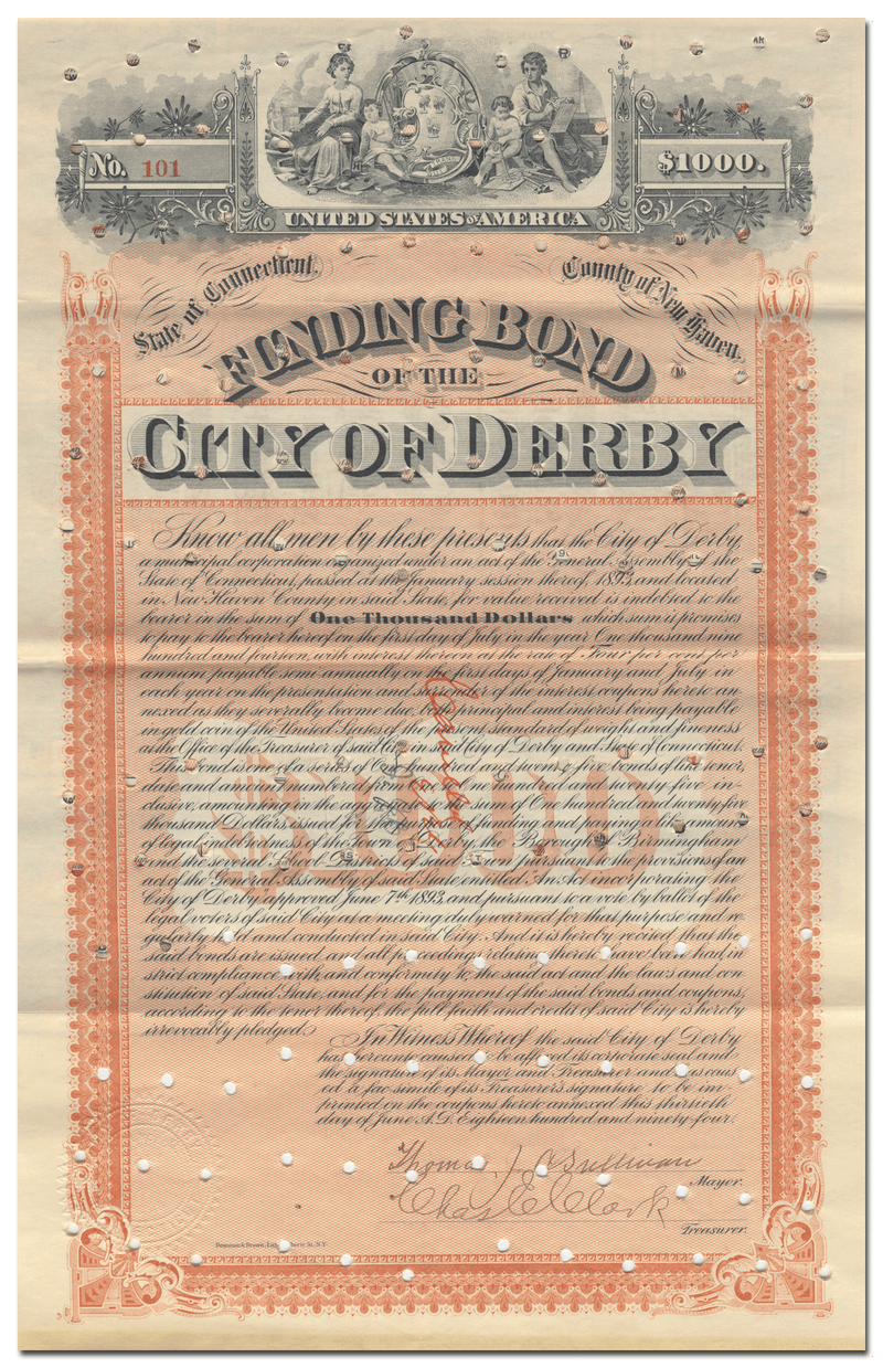 Derby, Connecticut Bond Certificate