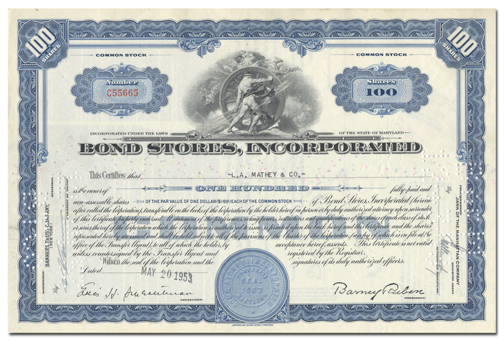 Bond Stores, Incorporated Stock Certificate