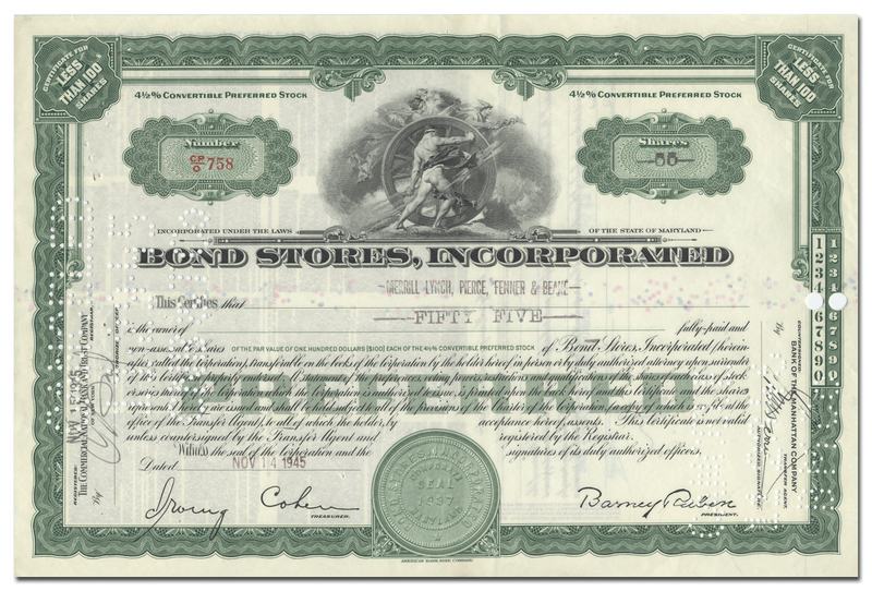 Bond Stores, Incorporated Stock Certificate