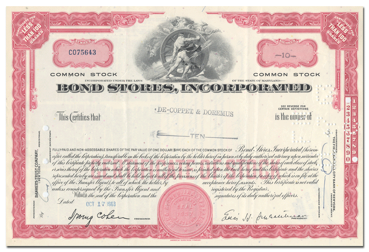 Bond Stores, Incorporated Stock Certificate