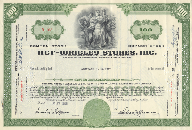 ACF-Wrigley Stores, Inc. Stock Certificate