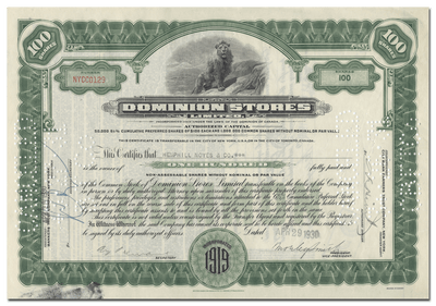 Dominion Stores Limited Stock Certificate