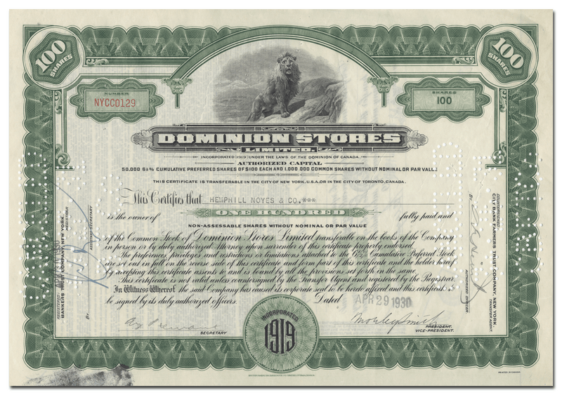 Dominion Stores Limited Stock Certificate