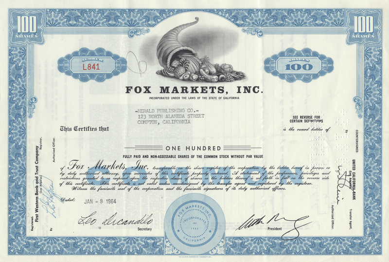 Fox Markets, Inc. Stock Certificate