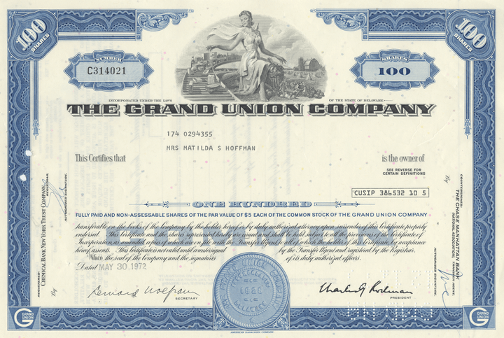 Grand Union Company Stock Certificate