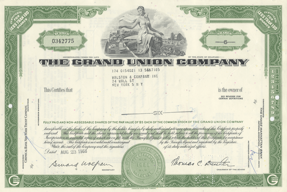 Grand Union Company Stock Certificate