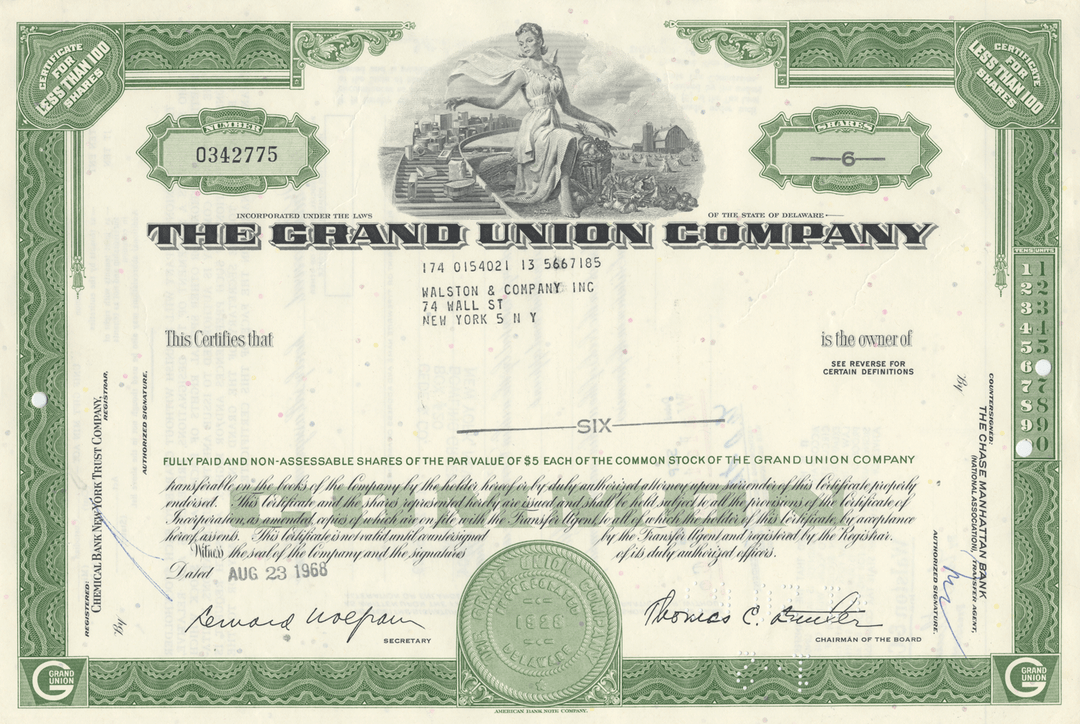 Grand Union Company Stock Certificate