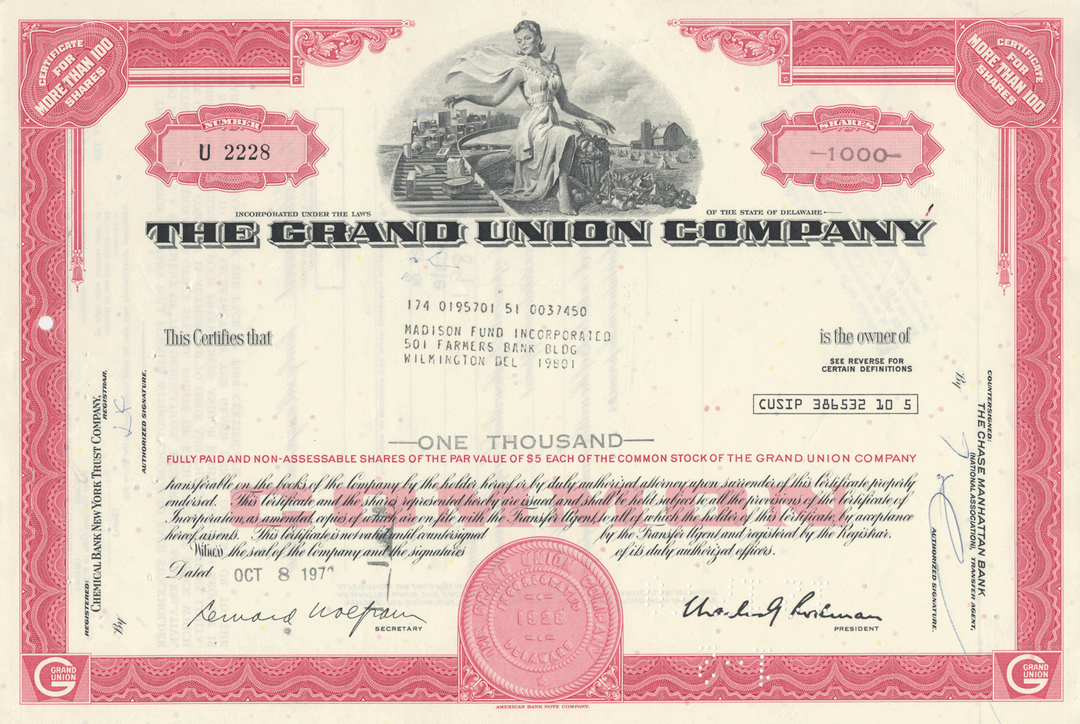 Grand Union Company Stock Certificate