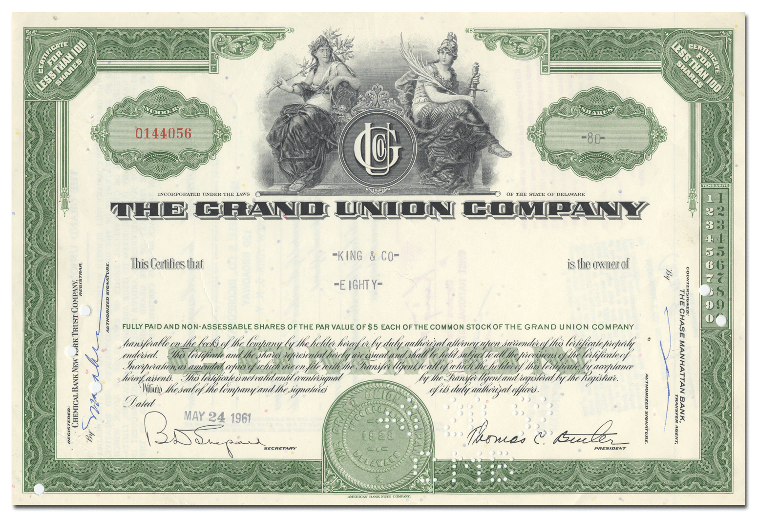 Grand Union Company Stock Certificate - Ghosts of Wall Street