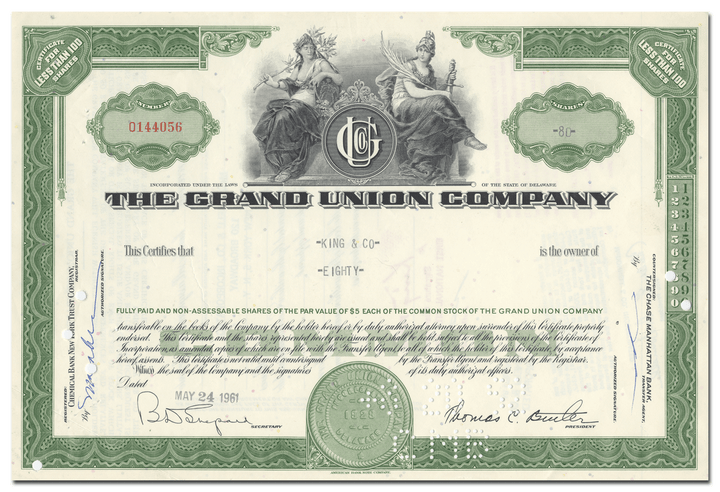 Grand Union Company Stock Certificate