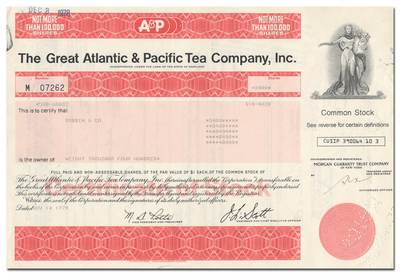 Great Atlantic & Pacific Tea Company, Inc. Stock Certificate