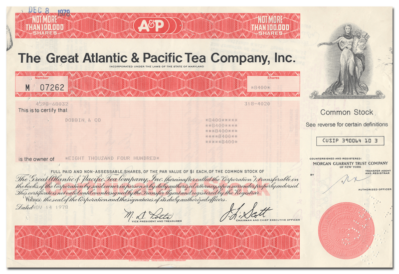 Great Atlantic & Pacific Tea Company, Inc. Stock Certificate