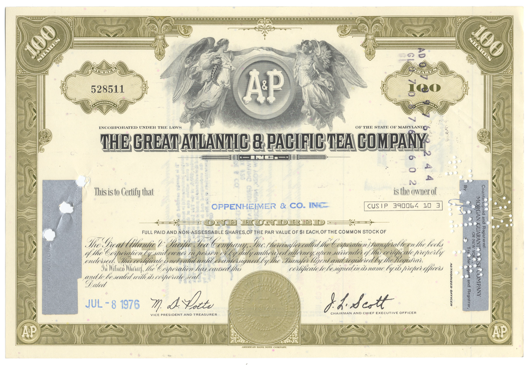 Great Atlantic & Pacific Tea Company Stock Certificate