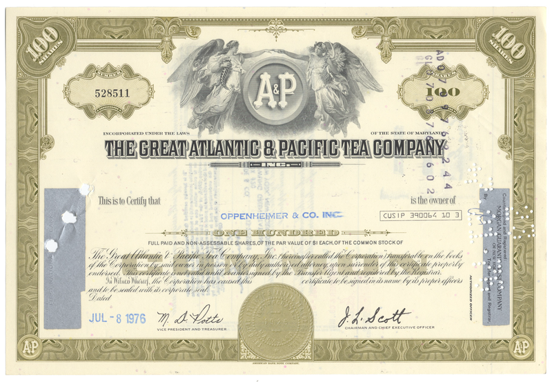 Great Atlantic & Pacific Tea Company Stock Certificate