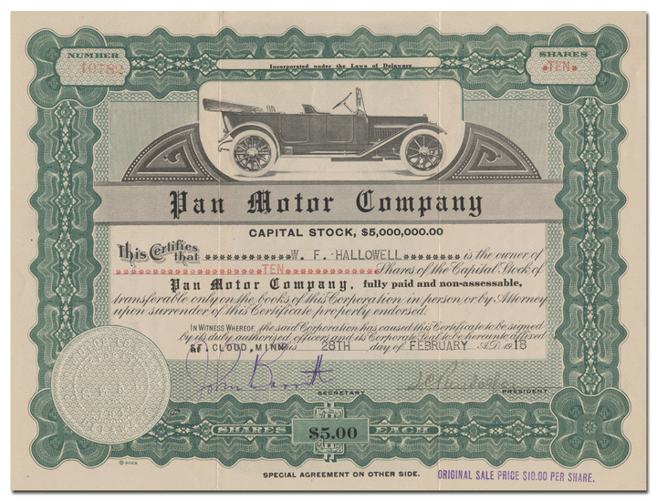 Pan Motor Stock Certificate