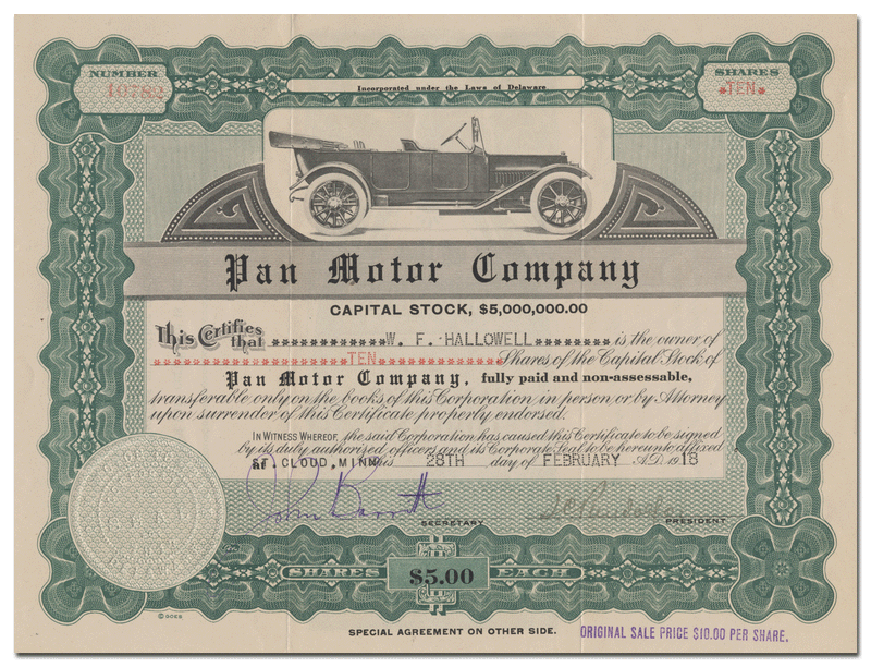 Pan Motor Stock Certificate