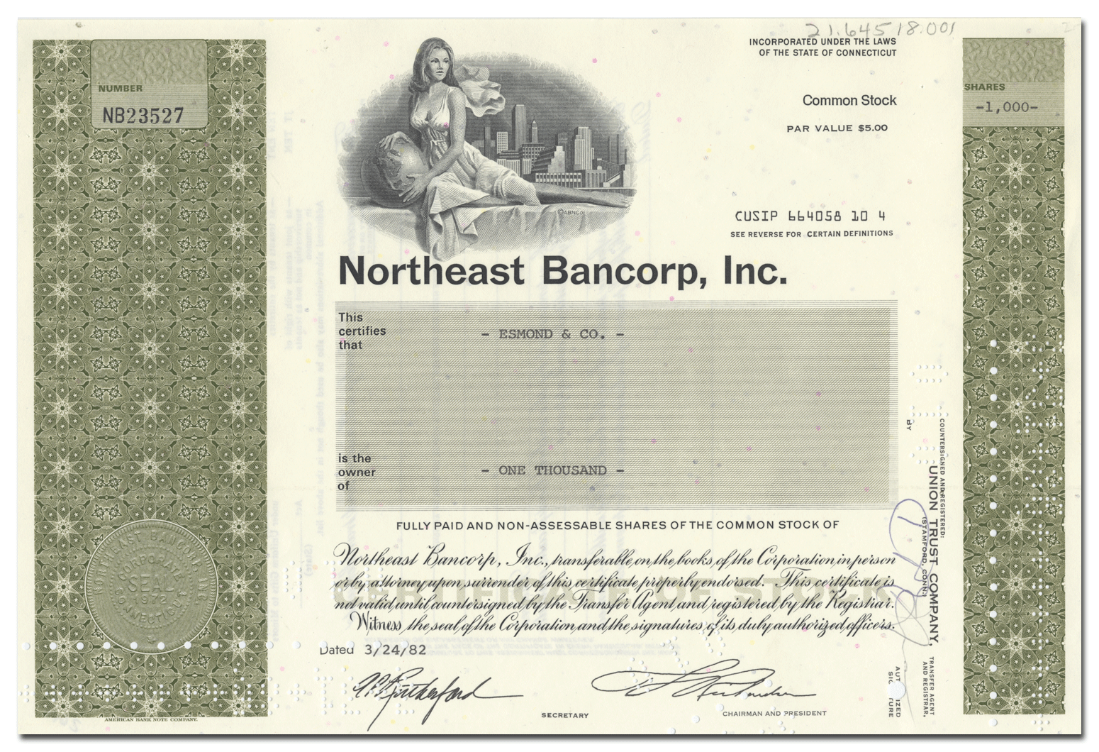 Northeast Bancorp, Inc. Stock Certificate