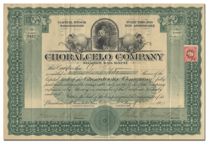 Choralcelo Company Stock Certificate