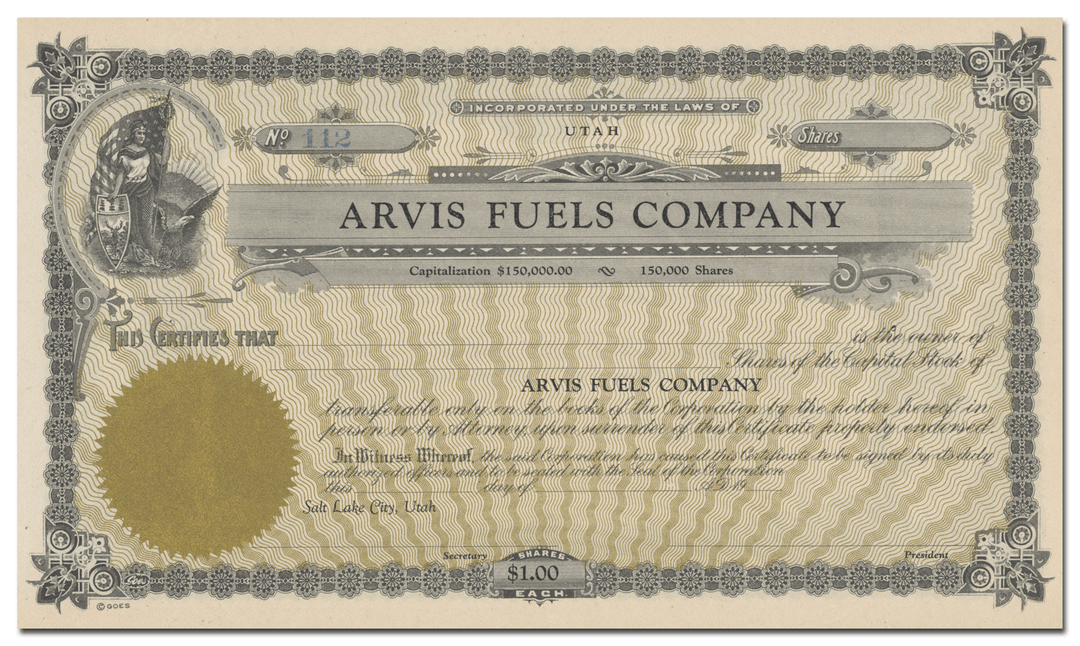 Arvis Fuels Company Stock Certificate